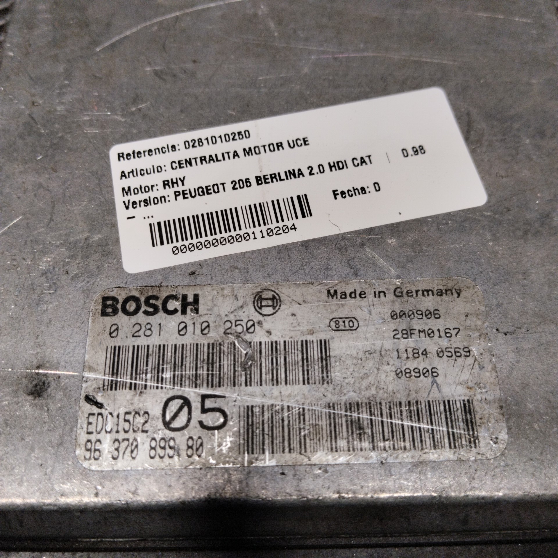 Motorsteuergerät 0281010250 de Peugeot 206 1998-0 - pieza usada